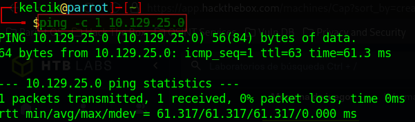 En primer lugar haremos un ping -c 1 a la IP víctima para verificar que hay conectividad.